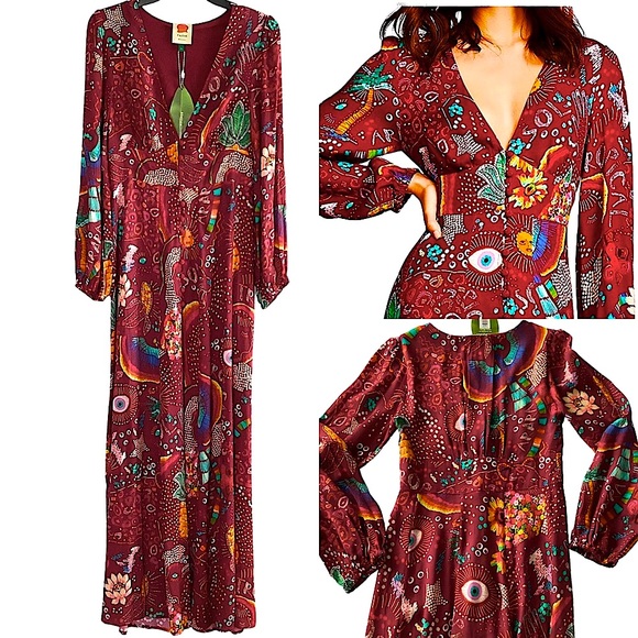 FARM Rio Dresses & Skirts - FARM Rio Borogodo Burgundy Maxi Dress Long Sleeve V-Neck Button Up Red Sz M New!